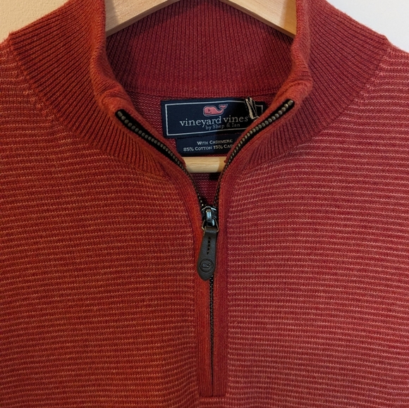 Vineyard Vines Cashmere Blend Thaxter Quarter Zip Striped Rust Color Sweater - Picture 2 of 8